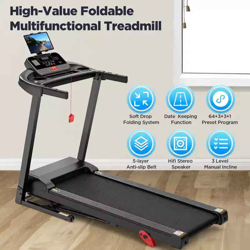 3HP Incline Treadmill w/ 300lb Capacity, Folding Treadmill for Home w/ Dual Speakers, 64+7 Programs, Virtual Run w/ APP, Walking Jogging Treadmill