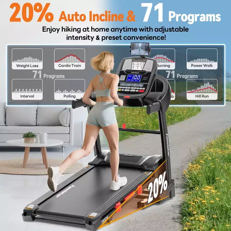 Famistar 5.1HP Folding Treadmill for Home with 20% Auto Incline, 300-400 LB Capacity, Portable Foldable Treadmill, FREE APP Control,12MPH Speed