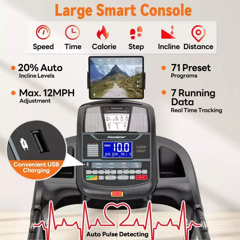 Famistar 5.1HP Folding Treadmill for Home with 20% Auto Incline, 300-400 LB Capacity, Portable Foldable Treadmill, FREE APP Control,12MPH Speed