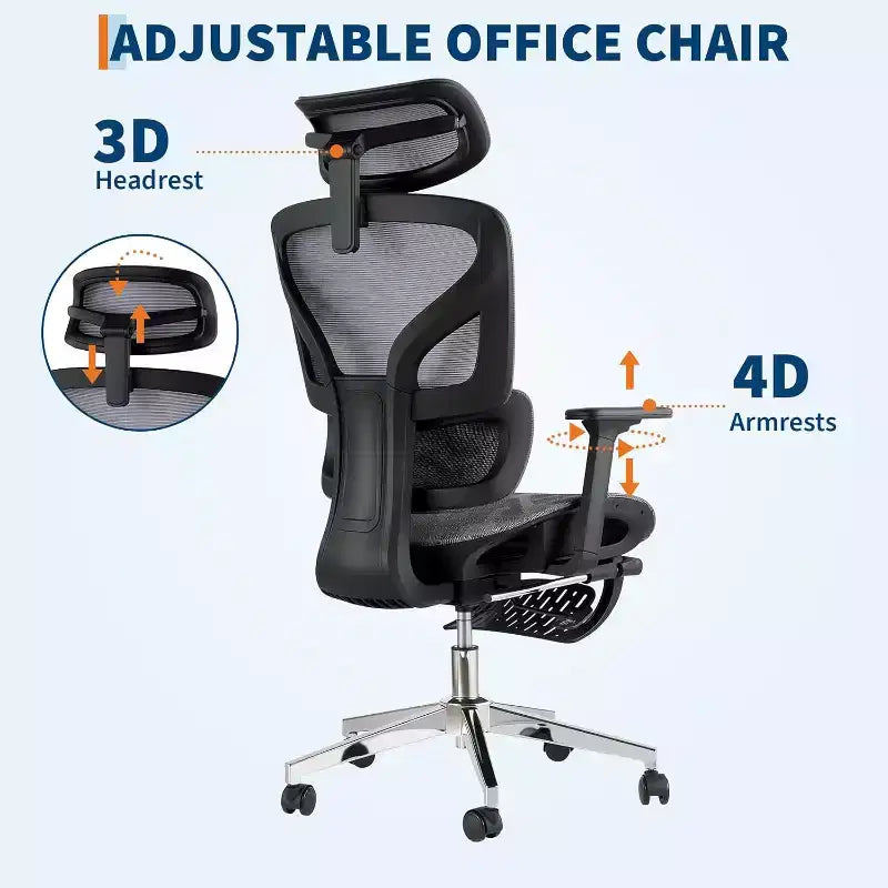 Fauteuil de bureau ergonomique Acekool en maille avec repose-pieds, accoudoirs 4D et soutien lombaire réglable pour la maison ou la salle de jeu