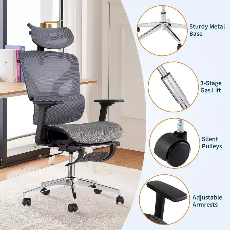 Fauteuil de bureau ergonomique Acekool en maille avec repose-pieds, accoudoirs 4D et soutien lombaire réglable pour la maison ou la salle de jeu