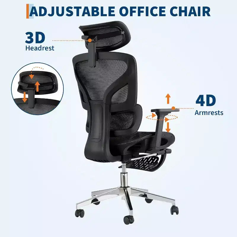 Fauteuil de bureau ergonomique Acekool en maille avec repose-pieds, accoudoirs 4D et soutien lombaire réglable pour la maison ou la salle de jeu