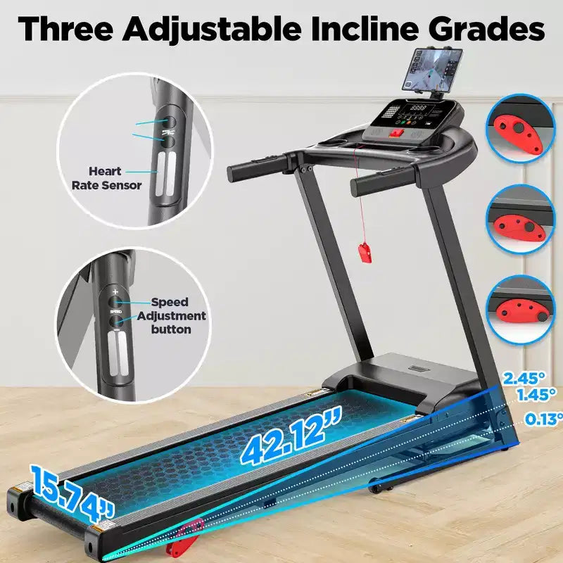 3.0HP Folding Treadmill, 3% Incline, Bluetooth App Sync, Step Counter, Wide Belt, Heart Rate Monitor