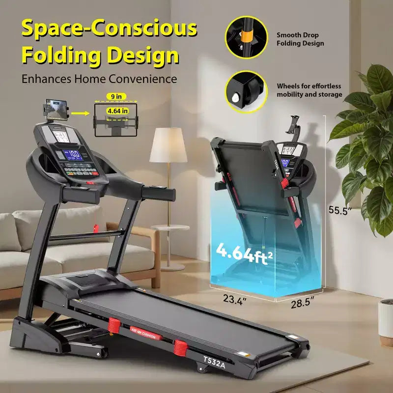 Tapis roulant électrique pliable pour la maison, moteur 5 CV, capacité 180 kg, vitesse jusqu'à 19 km/h avec inclinaison automatique de 20 %, application et contrôle Bluetooth