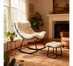 COZONY Oversized Papasan Rocking Chair with Ottoman, Egg Rocker with Plush Cushion, Beige