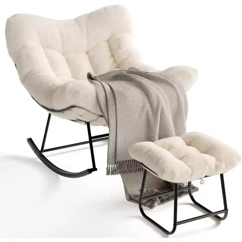 COZONY Oversized Papasan Rocking Chair with Ottoman, Egg Rocker with Plush Cushion, Beige