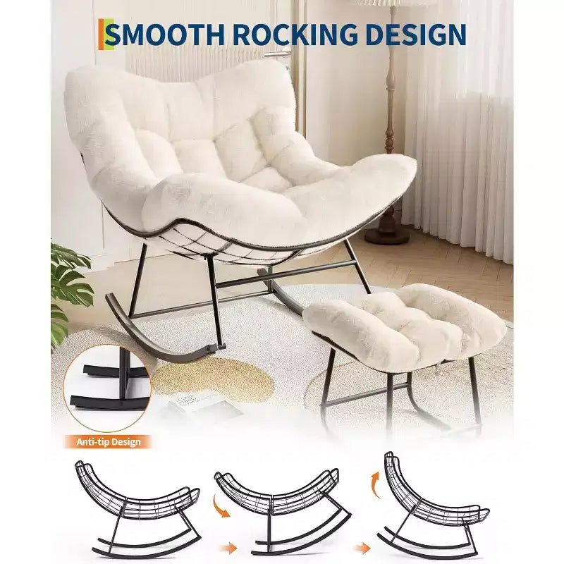 COZONY Oversized Papasan Rocking Chair with Ottoman, Egg Rocker with Plush Cushion, Beige
