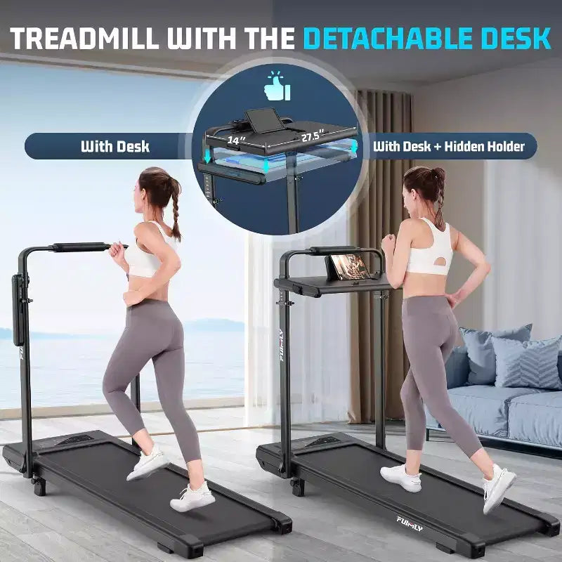 KRISRATE 4-in-1 3.5HP Foldable Treadmill with 15% Incline & Removable Desk & Handle Bar, Under Desk Folding Walking Pad Treadmills for Home/Office/Gym