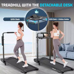 KRISRATE 4-in-1 3.5HP Foldable Treadmill with 15% Incline & Removable Desk & Handle Bar, Under Desk Folding Walking Pad Treadmills for Home/Office/Gym