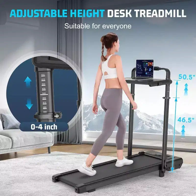 KRISRATE 4-in-1 3.5HP Foldable Treadmill with 15% Incline & Removable Desk & Handle Bar, Under Desk Folding Walking Pad Treadmills for Home/Office/Gym