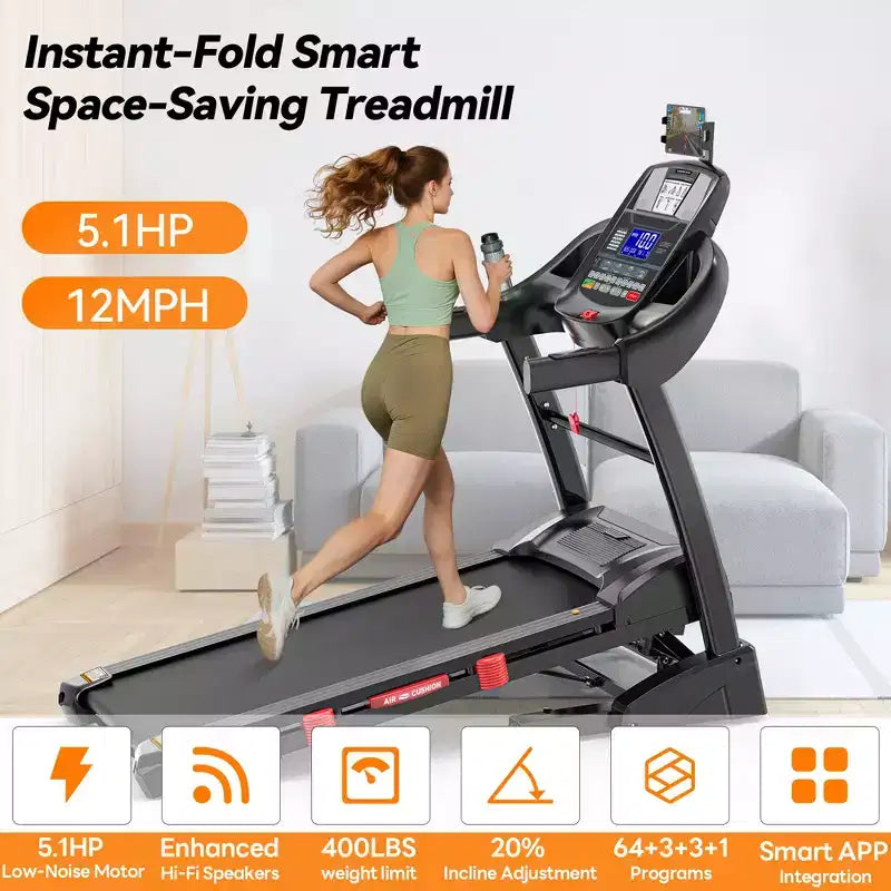20% Auto Incline Treadmill,4.95HP Folding Treadmill 400lb Capacity,71 Program,12MPH,Personalized Workout W/ APP Control,Jogging Walking Home Treadmill
