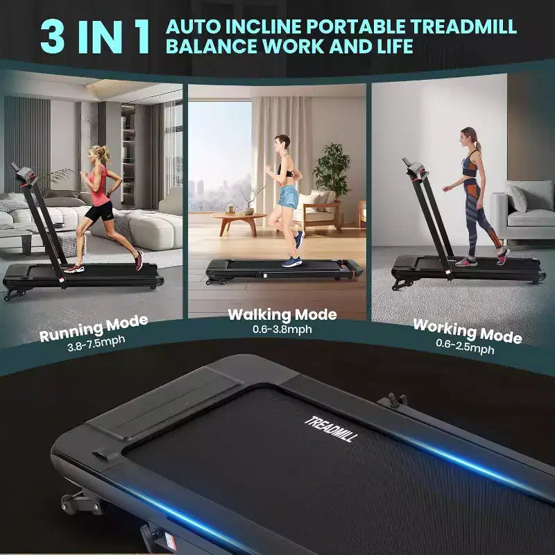 Tapis de course 2-en-1 sous le bureau avec inclinaison automatique, tapis de marche et machine de jogging, télécommande, écran LED, tapis de course portable pour usage domestique