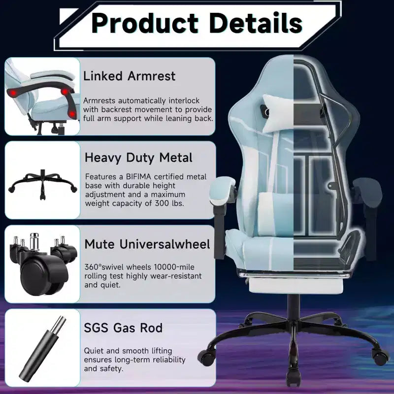 MAYEERTY Gaming Chair, Computer Chair, Ergonomic Chair with Footrest Lumbar Backrest for Living Room Blue