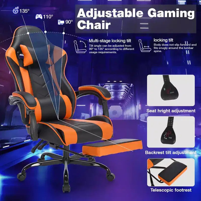 MAYEERTY Gaming Chair with Footrest, Ergonomic Computer Chair with Headrest and Lumbar Support, Height Adjustable Video Game Chairs Black Orange