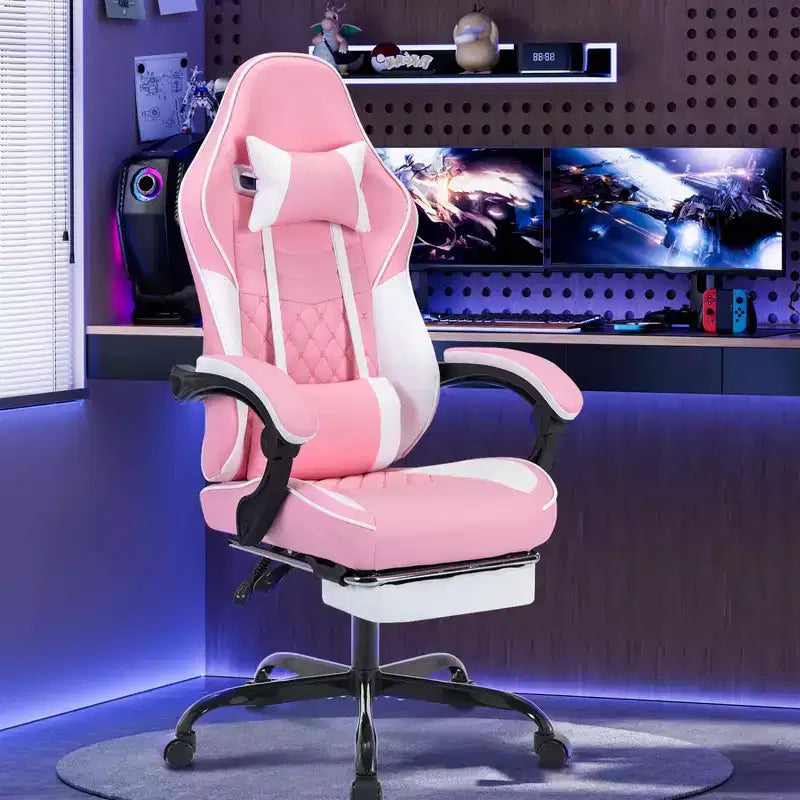 MAYEERTY Ergonomic Video Gamer Chairs, Computer Gaming Chairs with Massage Lumbar Support and Footrest Pink White