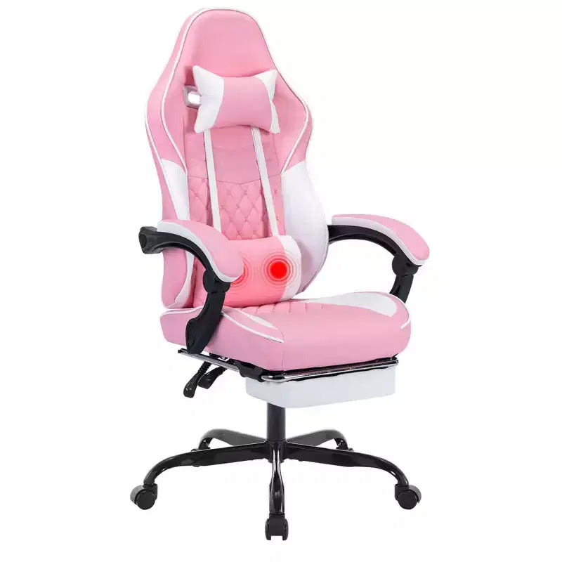 MAYEERTY Chaises de jeu ergonomiques, chaises de jeu pour ordinateur avec support lombaire massant et repose-pieds rose et blanc
