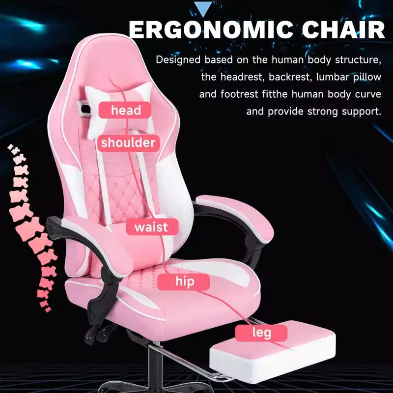 MAYEERTY Chaises de jeu ergonomiques, chaises de jeu pour ordinateur avec support lombaire massant et repose-pieds rose et blanc