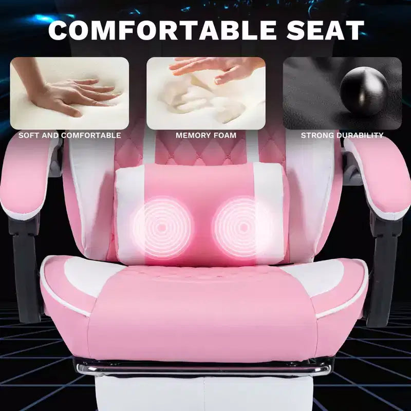 MAYEERTY Chaises de jeu ergonomiques, chaises de jeu pour ordinateur avec support lombaire massant et repose-pieds rose et blanc