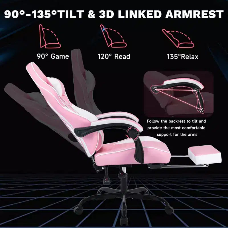 MAYEERTY Chaises de jeu ergonomiques, chaises de jeu pour ordinateur avec support lombaire massant et repose-pieds rose et blanc