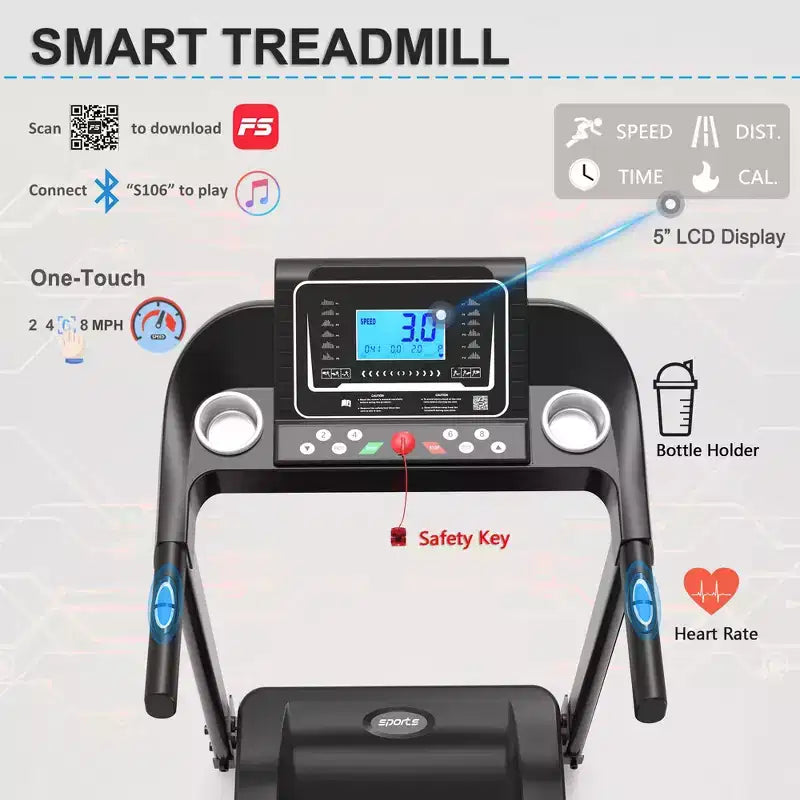 Okak Foldable Treadmill with Incline and 5IN LCD Screen, Portable Treadmill with Bluetooth Music, Walking Pad for Man, Women, Black