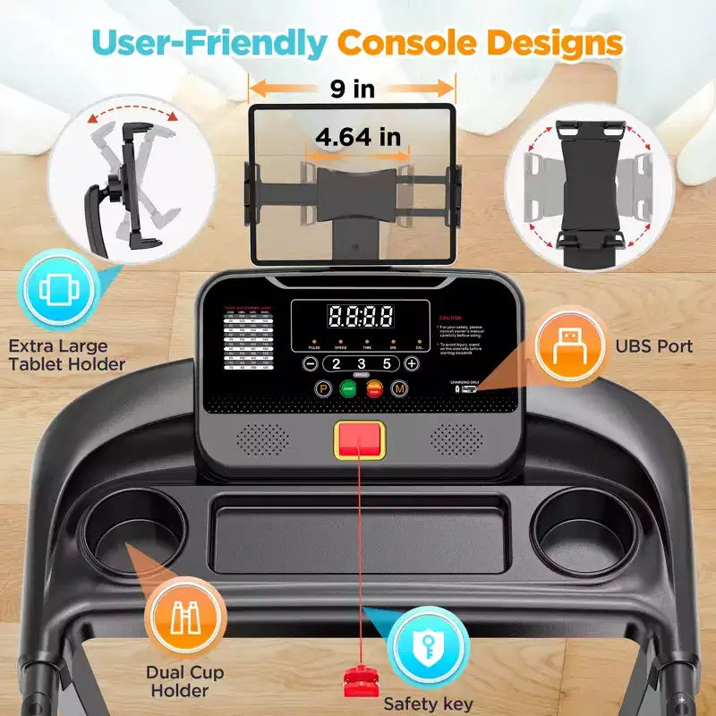 Tapis de course électrique pliable 3.75 CV pour la maison avec inclinaison et application, vitesse de 12 km/h, 136 kg, haut-parleurs Bluetooth Hifi, tapis de course pliable pour la marche et la course