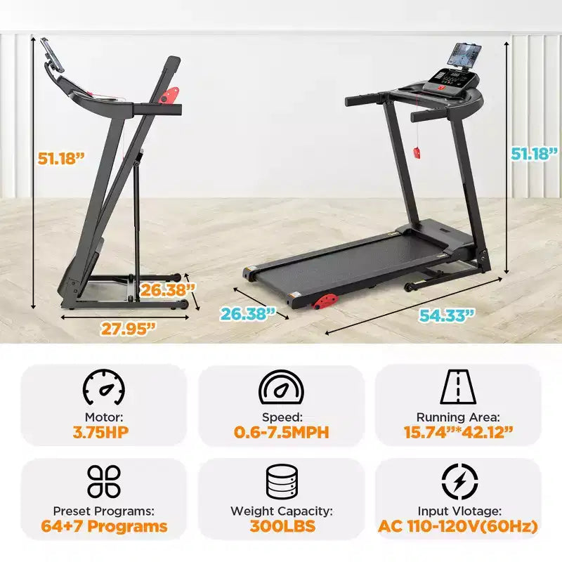 Tapis de course électrique pliable 3.75 CV pour la maison avec inclinaison et application, vitesse de 12 km/h, 136 kg, haut-parleurs Bluetooth Hifi, tapis de course pliable pour la marche et la course