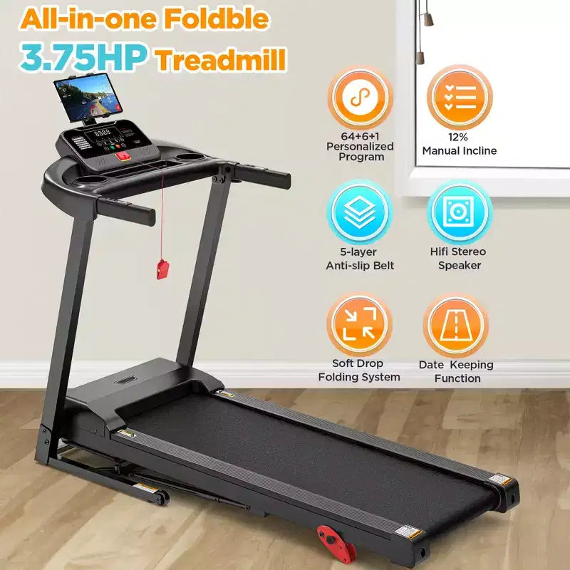 Tapis de course électrique pliable 3.75 CV pour la maison avec inclinaison et application, vitesse de 12 km/h, 136 kg, haut-parleurs Bluetooth Hifi, tapis de course pliable pour la marche et la course