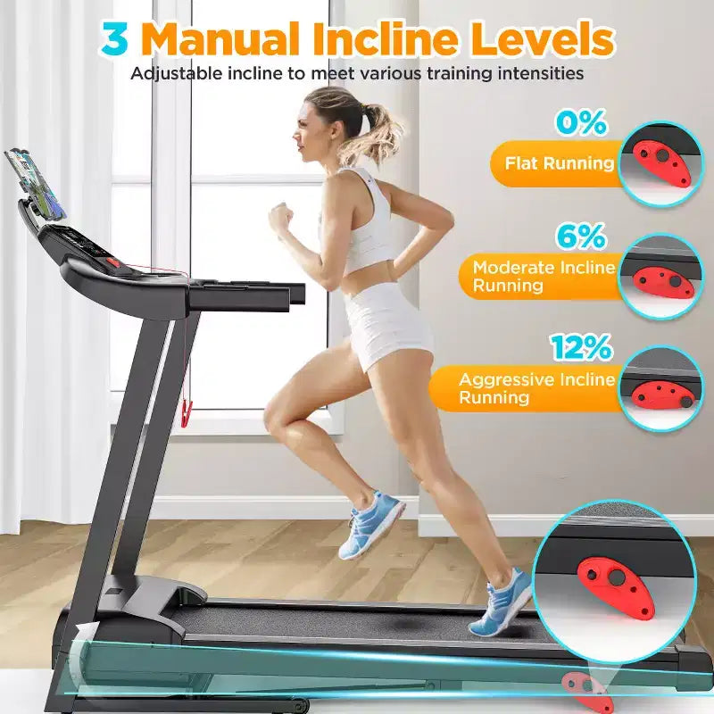 Tapis de course électrique pliable 3.75 CV pour la maison avec inclinaison et application, vitesse de 12 km/h, 136 kg, haut-parleurs Bluetooth Hifi, tapis de course pliable pour la marche et la course