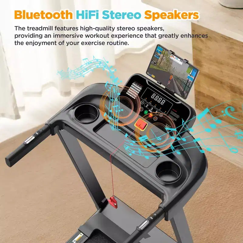 Tapis de course électrique pliable 3.75 CV pour la maison avec inclinaison et application, vitesse de 12 km/h, 136 kg, haut-parleurs Bluetooth Hifi, tapis de course pliable pour la marche et la course