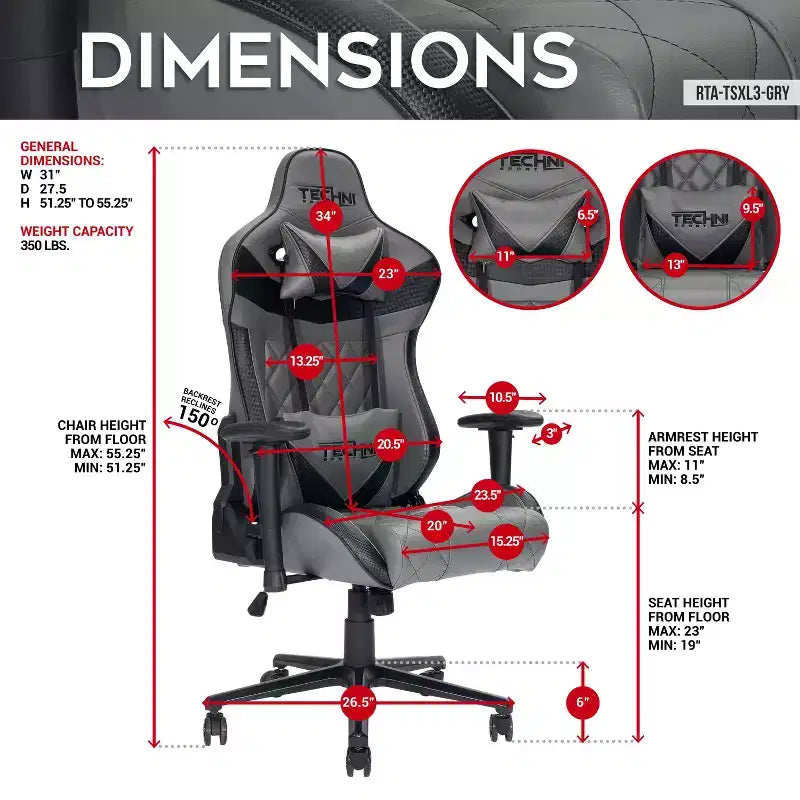 TUYOHW XL Ergonomics Gaming Chair 360 Swivel Office Chairs with Head&Lumbar Pillow,90-150 Recliner Chair for Office&Home,350lbs Max,Gray