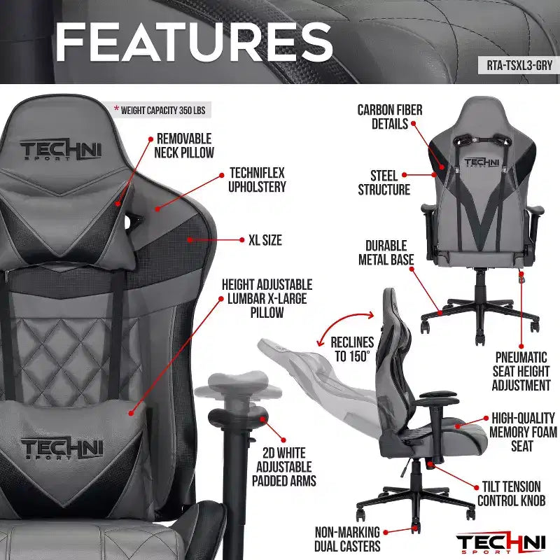 TUYOHW XL Ergonomics Gaming Chair 360 Swivel Office Chairs with Head&Lumbar Pillow,90-150 Recliner Chair for Office&Home,350lbs Max,Gray