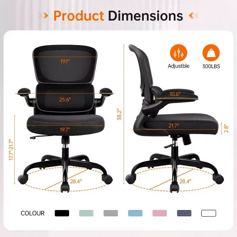 Chaise ergonomique en maille respirante KERDOM avec support lombaire, accoudoirs relevables, chaise de bureau gamer pour la maison ou le bureau
