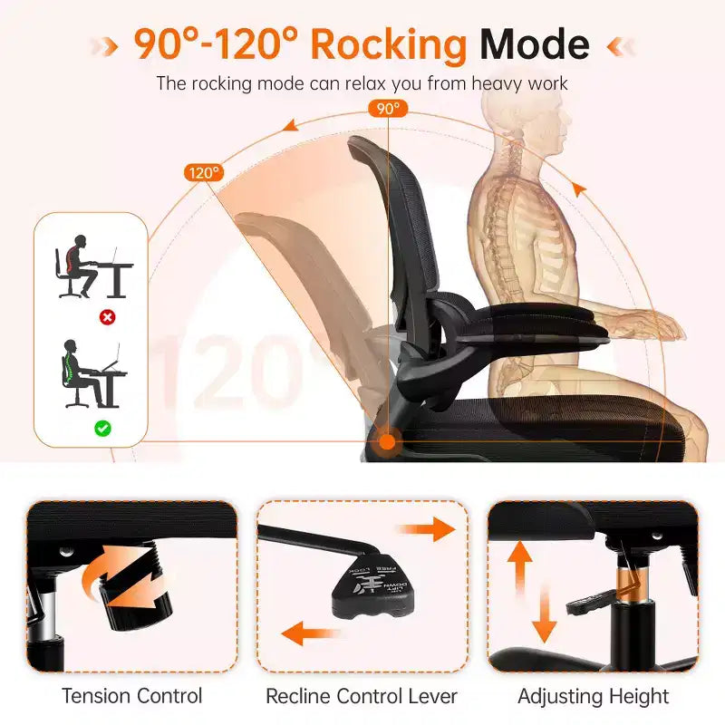 Chaise ergonomique en maille respirante KERDOM avec support lombaire, accoudoirs relevables, chaise de bureau gamer pour la maison ou le bureau