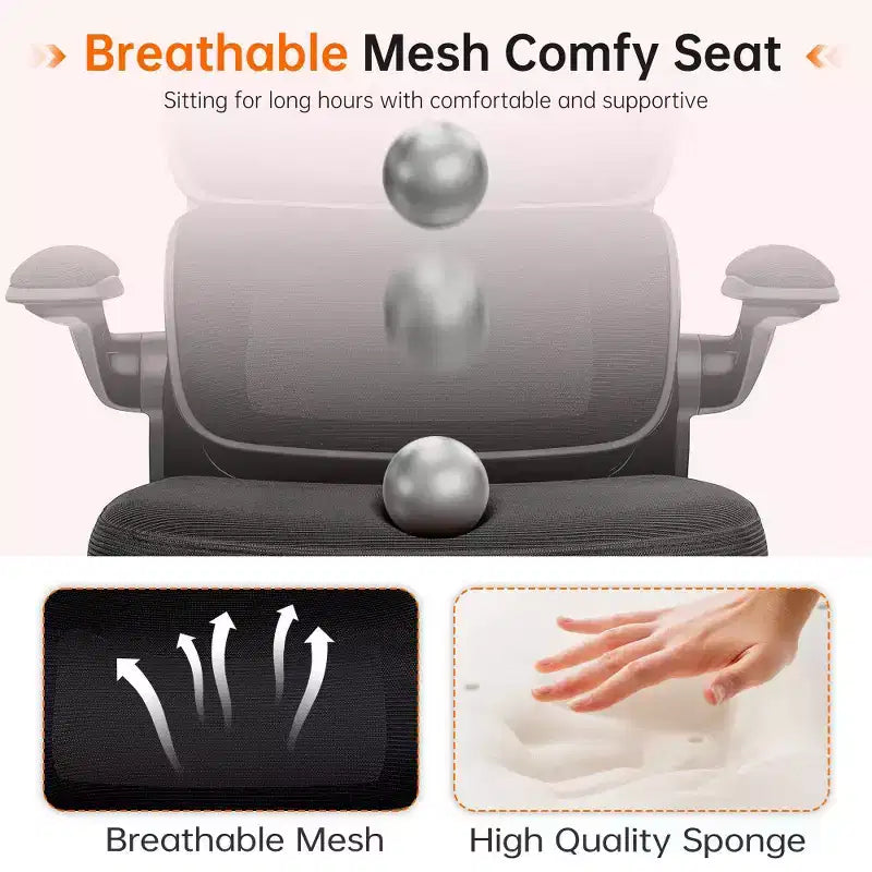 Chaise ergonomique en maille respirante KERDOM avec support lombaire, accoudoirs relevables, chaise de bureau gamer pour la maison ou le bureau