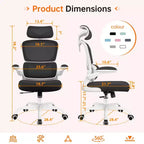 Chaise ergonomique en maille respirante KERDOM avec support lombaire, accoudoirs relevables, chaise de bureau gamer pour la maison ou le bureau