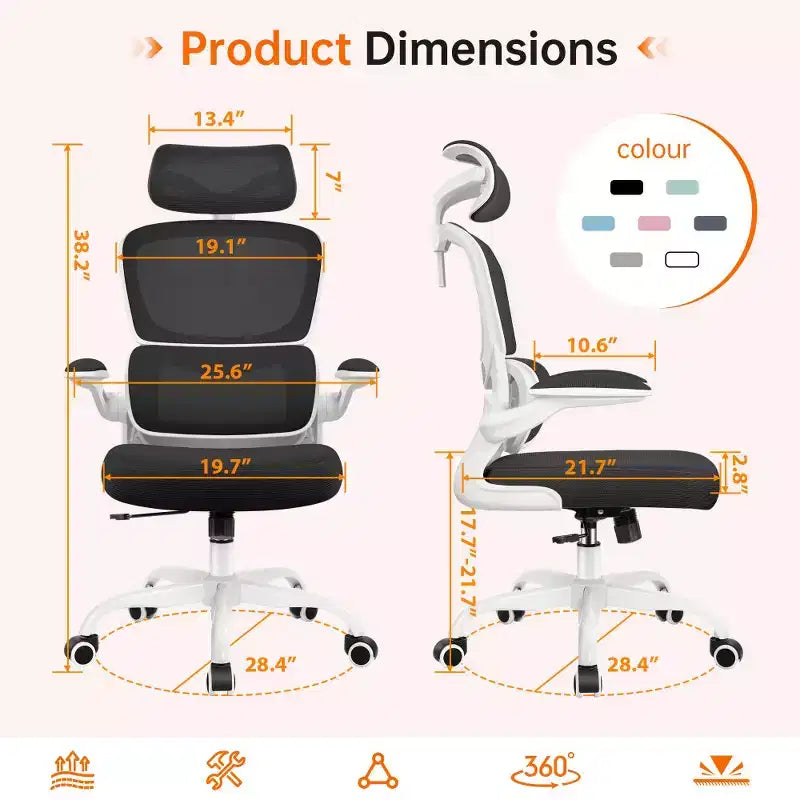 Chaise ergonomique en maille respirante KERDOM avec support lombaire, accoudoirs relevables, chaise de bureau gamer pour la maison ou le bureau