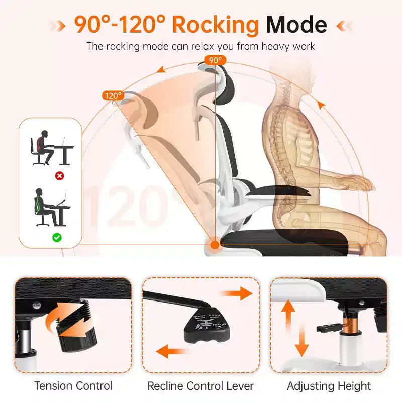 Chaise ergonomique en maille respirante KERDOM avec support lombaire, accoudoirs relevables, chaise de bureau gamer pour la maison ou le bureau