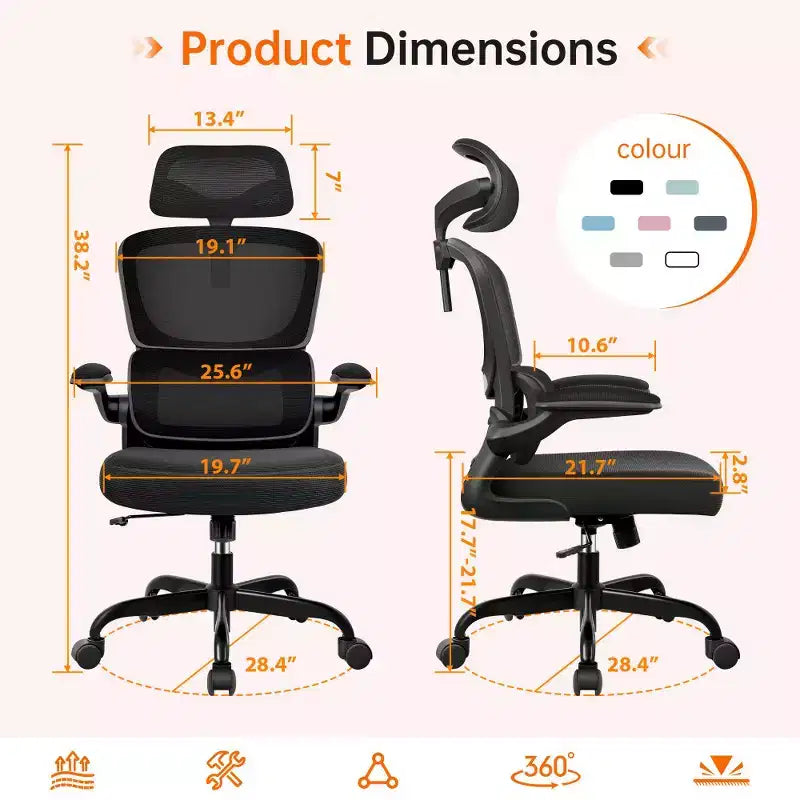 Chaise ergonomique en maille respirante KERDOM avec support lombaire, accoudoirs relevables, chaise de bureau gamer pour la maison ou le bureau