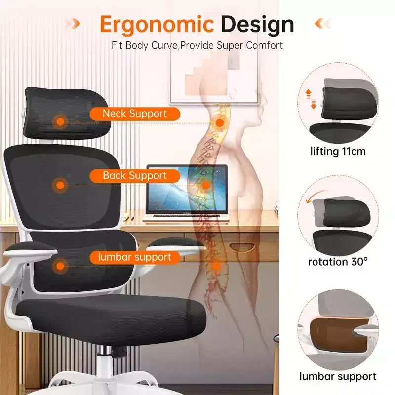Chaise ergonomique en maille respirante KERDOM avec support lombaire, accoudoirs relevables, chaise de bureau gamer pour la maison ou le bureau