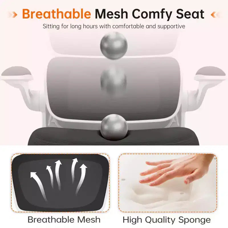 Chaise ergonomique en maille respirante KERDOM avec support lombaire, accoudoirs relevables, chaise de bureau gamer pour la maison ou le bureau