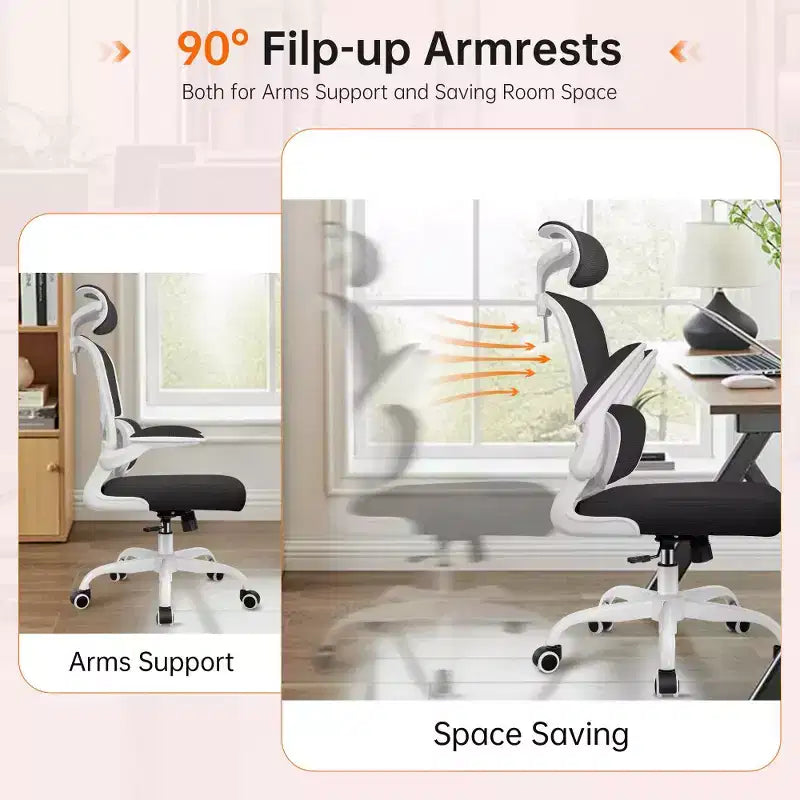 Chaise ergonomique en maille respirante KERDOM avec support lombaire, accoudoirs relevables, chaise de bureau gamer pour la maison ou le bureau