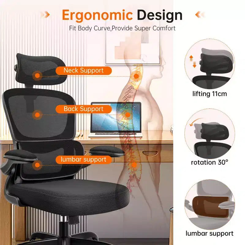 Chaise ergonomique en maille respirante KERDOM avec support lombaire, accoudoirs relevables, chaise de bureau gamer pour la maison ou le bureau