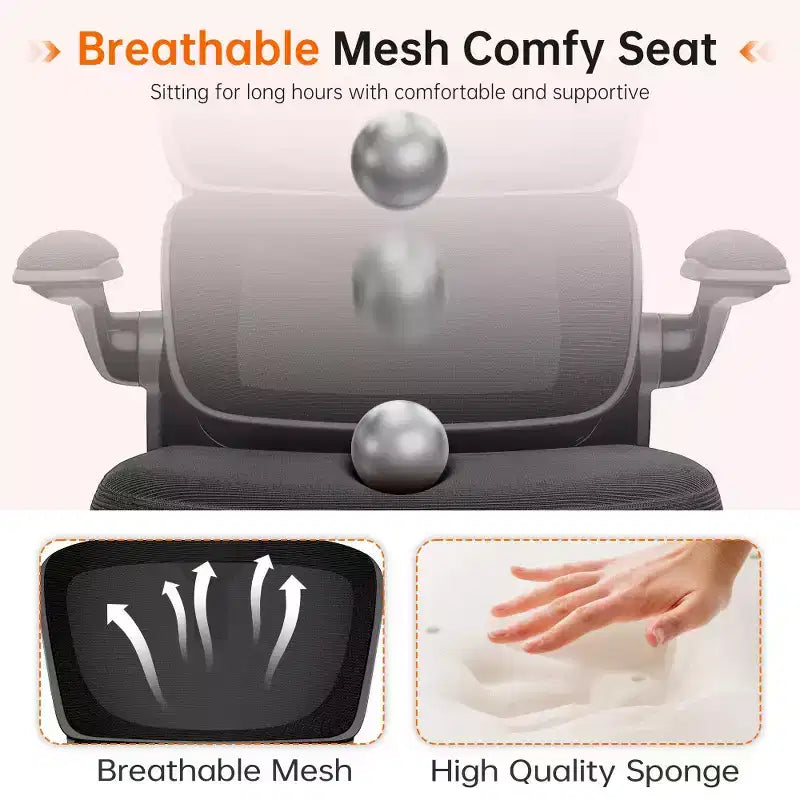Chaise ergonomique en maille respirante KERDOM avec support lombaire, accoudoirs relevables, chaise de bureau gamer pour la maison ou le bureau