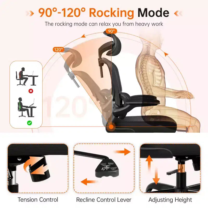Chaise ergonomique en maille respirante KERDOM avec support lombaire, accoudoirs relevables, chaise de bureau gamer pour la maison ou le bureau