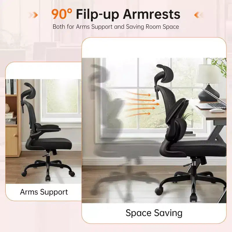 Chaise ergonomique en maille respirante KERDOM avec support lombaire, accoudoirs relevables, chaise de bureau gamer pour la maison ou le bureau