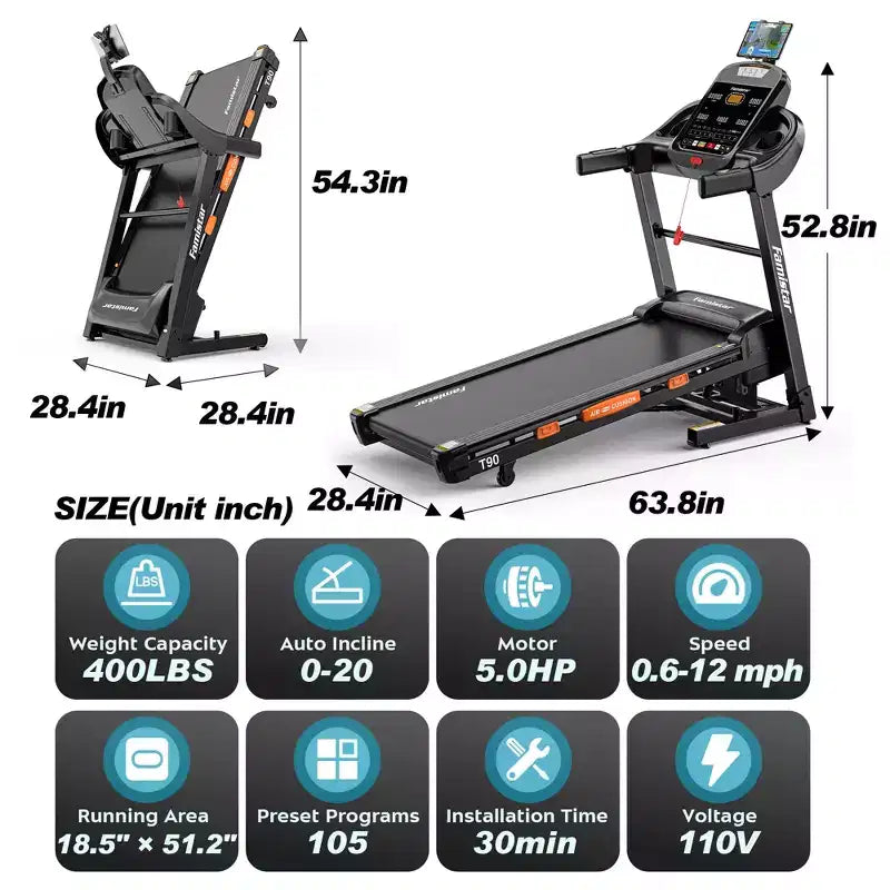 400LB Capacity Treadmill,5HP Foldable Treadmill w/ 20% Auto Incline,12MPH Portable Treadmill for Home,Fun Workouts w/APP,105 Programs,Shock Absorption