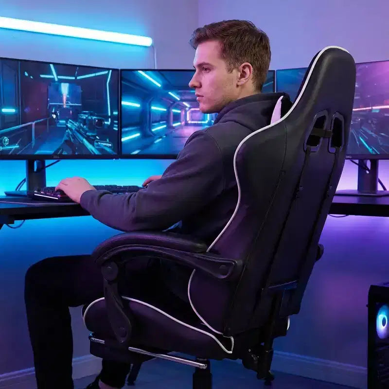 Chaise de Gaming Style Racing, Chaise E-sport Ergonomique avec Massage, Cuir PU, Mousse Moulée Haute Densité, Confortable et Sûre, Blanc
