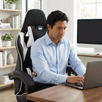 Chaise de Gaming Style Racing, Chaise E-sport Ergonomique avec Massage, Cuir PU, Mousse Moulée Haute Densité, Confortable et Sûre, Blanc