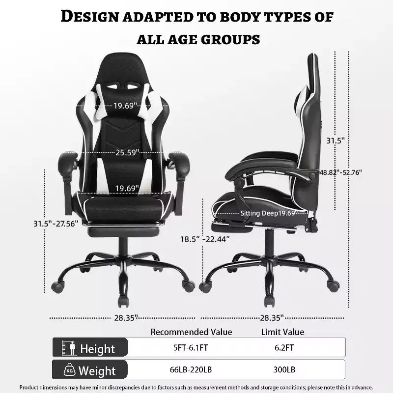 Chaise de Gaming Style Racing, Chaise E-sport Ergonomique avec Massage, Cuir PU, Mousse Moulée Haute Densité, Confortable et Sûre, Blanc