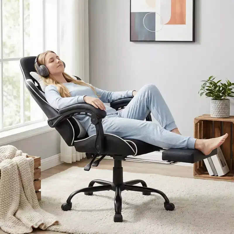 Chaise de Gaming Style Racing, Chaise E-sport Ergonomique avec Massage, Cuir PU, Mousse Moulée Haute Densité, Confortable et Sûre, Blanc